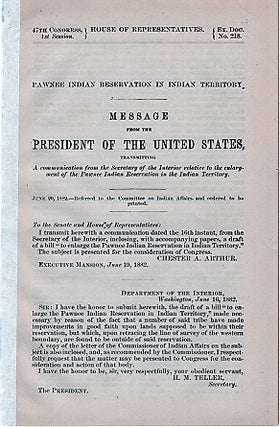 Item #040116 PAWNEE INDIAN RESERVATION IN INDIAN TERRITORY. Message from the President of the...