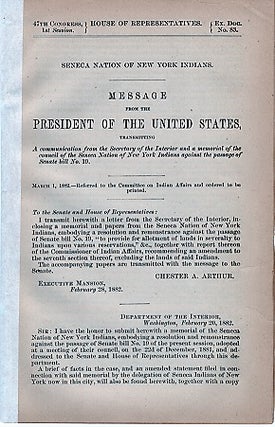 Item #040118 SENECA NATION OF NEW YORK INDIANS. Message from the President of the United States,...