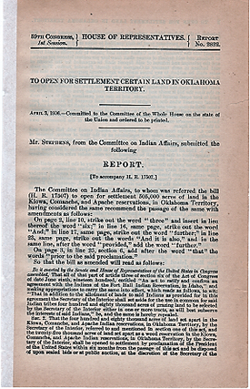 TO OPEN FOR SETTLEMENT CERTAIN LAND IN OKLAHOMA TERRITORY. April 3, 1906...Mr. Stephens, Committee on Indian Affairs, Report to accompany H.R. 17507.