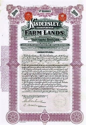 Item #040212 KINDERSLEY (SASKATCHEWAN) FARM LANDS LIMITED: Share Capital $600,000, Divided into...