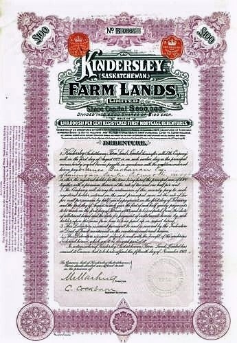 Item #040212 KINDERSLEY (SASKATCHEWAN) FARM LANDS LIMITED: Share Capital $600,000, Divided into 6,000 Shares of $100 Each [stock certificate]. Saskatchewan Farm Lands.