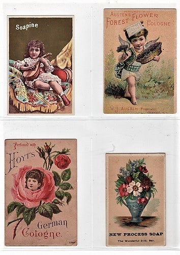 Item #040414 GROUP OF EIGHT (8) TRADE CARDS FOR SOAPS, COLOGNES & CURATIVES. Toilette.