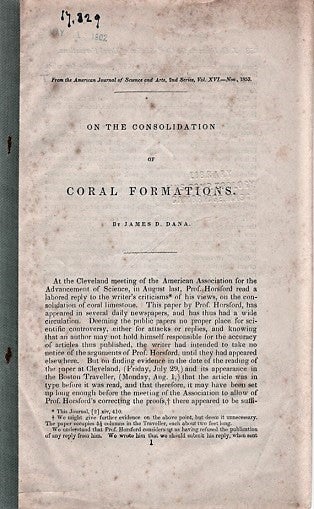 Item #040426 ON THE CONSOLIDATION OF CORAL FORMATIONS.; From the American Journal of Science and Arts, Nov. 1853. James D. Dana.