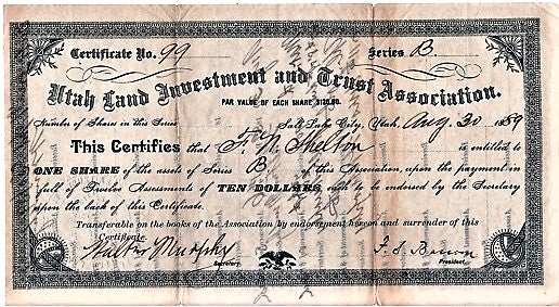 Item #040481 UTAH LAND INVESTMENT AND TRUST ASSOCIATION: STOCK CERTIFICATE, AUGUST 30, 1889. Salt Lake City Utah.