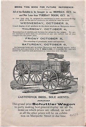 THE NINTH ANNIVERSARY OF THE OPENING OF MARQUETTE STREET, LA SALLE, ILLINOIS, AS A BUSINESS THOROUGHFARE. This event to be celebrated by Nine of the Leading Marquette Street Merchants, who are all anxious to make it an affair of unusual interest to you, your family and your neighbors.; Valuable Prizes Aggregating Over Five Hundred Dollars....Peddlers and Professional Market Gardeners barred from Competition.
