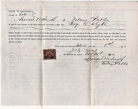 Item #040589 1899 RELEASE OF DEED OF TRUST FOR EMMA G. EDWARDS AND C.A. EDWARDS, COVERING THEIR HOUSE AND LOT IN LEADVILLE (LAKE COUNTY), COLORADO. Leadville Colorado.