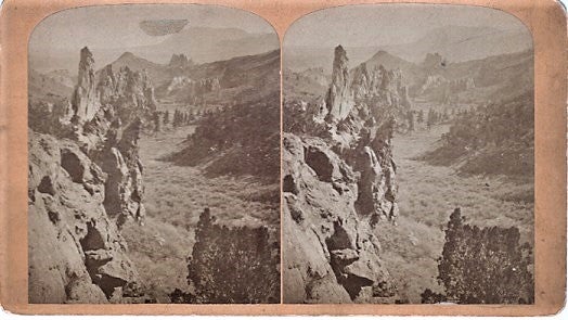 Item #040624 STEREOSCOPIC VIEW, GLEN EYRIE--FROM THE NORTH. Showing Echo Rock, Garden of the Gods, and Cheyenne Mountain. Scenes on the Line of the Denver & Rio Grande Railway. Byron H. Colorado / Gurnsey.