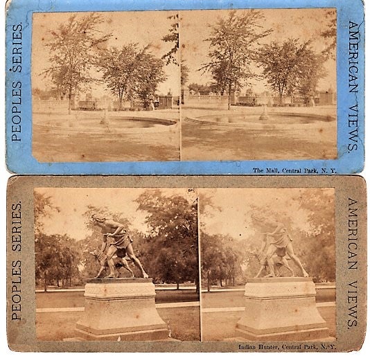 Item #040632 TWO (2) STEREOSCOPIC VIEWS OF CENTRAL PARK: THE MALL & INDIAN HUNTER [statue]. Peoples Series, American Views. New York City.