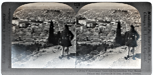 Item #040633 STEREOSCOPIC VIEW, SOUTHWEST FROM THE LYKABETTOS PAST THE ROYAL PALACE AND ACROPOLIS TO THE SEA. Athens Greece.