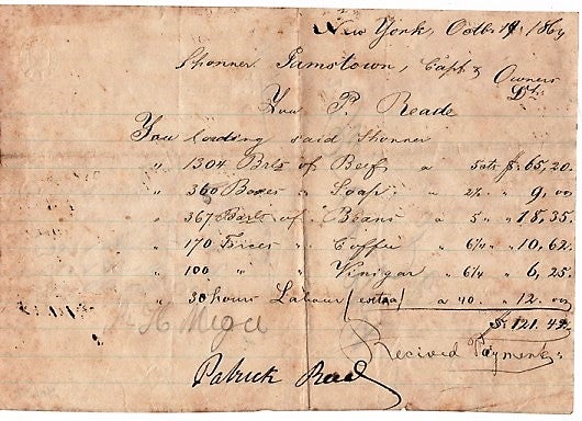 Item #040637 1864 HANDWRITTEN BILL FOR STORES LOADED AT NEW YORK, ABOARD THE SCHOONER "JAMESTOWN", SIGNED BY PATRICK READE. Patrick Reade.