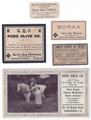 Item #040683 Five (5) labels and advertising pieces from various US pharmacies as described...