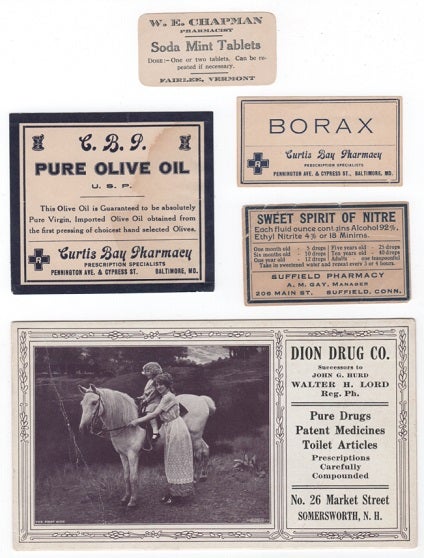 Item #040683 Five (5) labels and advertising pieces from various US pharmacies as described below. Pharmacy.
