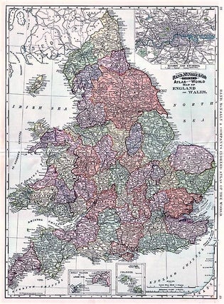 RAND, McNALLY & CO.'S INDEXED POCKET MAP OF ENGLAND AND WALES SHOWING THE COUNTIES, ISLANDS, LAKES, MOUNTAINS, RIVERS, AND RAILROADS, together with every Post Office, Railroad Station or Town carefully indexed, referring to the exact location where each may be found on the map.