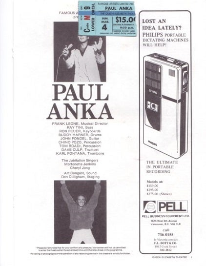 Item #041019 TICKET STUB FROM ANKA'S 1979 CONCERT AT QUEEN ELIZABETH THEATRE, WITH A PRINTED INTERVIEW DISTRIBUTED AT THE CONCERT. Paul Anka.