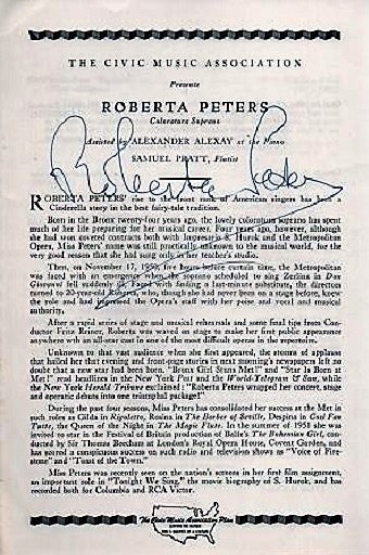 Item #041064 PROGRAMME: THE CIVIC MUSIC ASSOCIATION PRESENTS ROBERTA PETERS, COLORATURA SOPRANO. Assisted by Alexander Alexay at the Piano; Samuel Pratt, Flutist. [Signed by Roberta Peters.]. Roberta Peters.