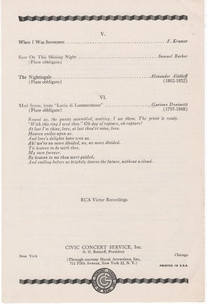 PROGRAMME: THE CIVIC MUSIC ASSOCIATION PRESENTS ROBERTA PETERS, COLORATURA SOPRANO. Assisted by Alexander Alexay at the Piano; Samuel Pratt, Flutist. [Signed by Roberta Peters.]