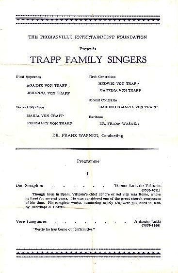 Item #041069 THE THOMASVILLE ENTERTAINMENT FOUNDATION PRESENTS THE TRAPP FAMILY SINGERS: Programme. Trapp Family.