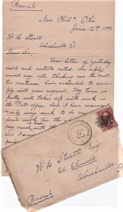 Item #041130 1890 HANDWRITTEN LETTER (ALS) TO W.H. STOUTT, EDITOR OF THE UHRICHSVILLE, OHIO...