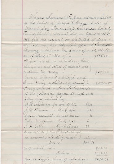 Item #041204 1885 HANDWRITTEN RELEASE TO LIZZIE HEISEY OF THE LEGACY FROM HER LATE FATHER'S ESTATE, EXECUTED BY SAMUEL R. ZUG, JUSTICE OF THE PEACE. Lancaster County / Heisey Pennsylvania, Lizzie G.