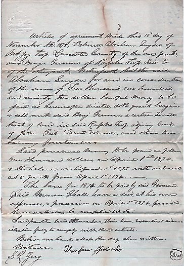 Item #041205 1873 HANDWRITTEN AGREEMENT BETWEEN ABRAHAM SNYDER OF MOUNT JOY TOWNSHIP AND BENJAMIN GERMAN OF RAPHO TOWNSHIP. Lancaster County / German Pennsylvania, Benjamin.