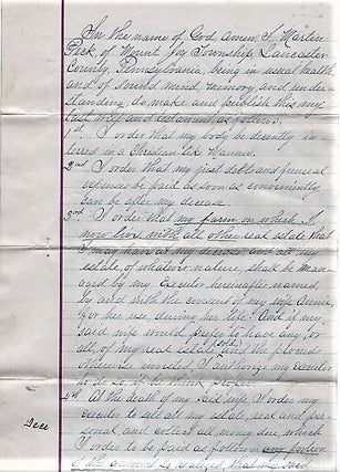 Item #041210 1897 HANDWRITTEN WILL OF MARTIN PECK OF MOUNT JOY TOWNSHIP, LANCASTER COUNTY, 13...