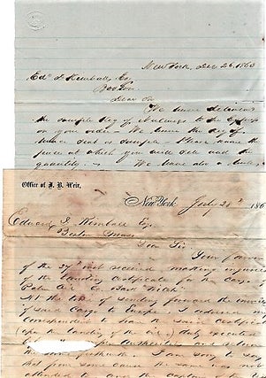 1863 TRANSATLANTIC TRADE: TWO (2) HOLOGRAPH LETTERS, WRITTEN ABOARD THE SHIP "WITCH" OFF THE COAST OF GHANA, SOON TO SAIL HOME TO BOSTON + NINE (9) MARITIME TRADE DOCUMENTS REGARDING SALE OF THE AFRICAN CARGO OF GUM COPAL, PALM OIL, CINNAMON, MACE, &C.