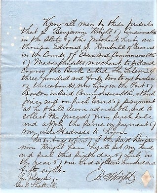 Item #041307 1858 HANDWRITTEN POWER OF ATTORNEY TO EDWARD D. KIMBALL IN THE SALE OF THE BARQUE...
