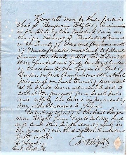 Item #041307 1858 HANDWRITTEN POWER OF ATTORNEY TO EDWARD D. KIMBALL IN THE SALE OF THE BARQUE "SALEM." Benjamin Knight.