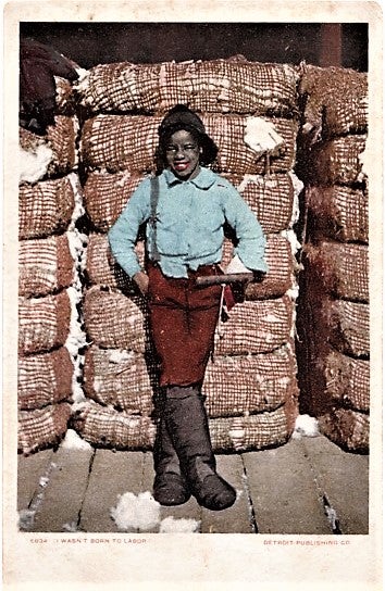 Item #041337 "I WASN'T BORN TO LABOR": FULL-COLOR POSTCARD OF AN AFRICAN-AMERICAN BOY IN HIGH BOOTS AND CRUSHED FELT HAT, LEANING AGAINST A PILE OF COTTON BALES. Mississippi.