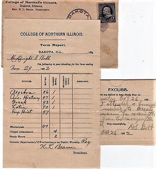 Item #041353 1892 ACADEMIC REPORT FOR DWIGHT S. BOBB OF DAKOTA, ILLINOIS. Northern Illinois College