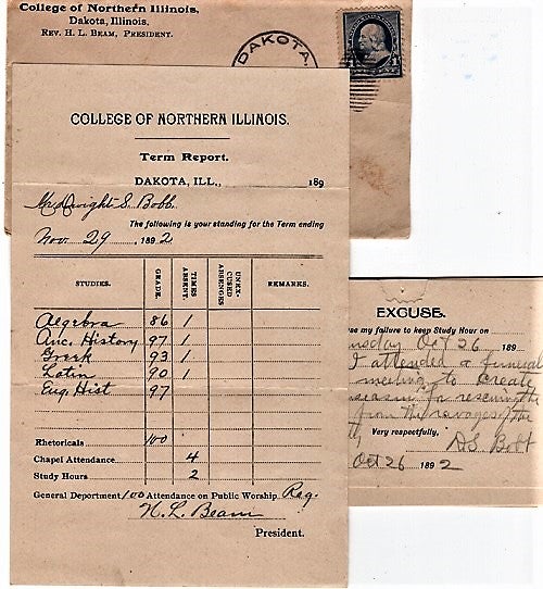 Item #041353 1892 ACADEMIC REPORT FOR DWIGHT S. BOBB OF DAKOTA, ILLINOIS. Northern Illinois College.