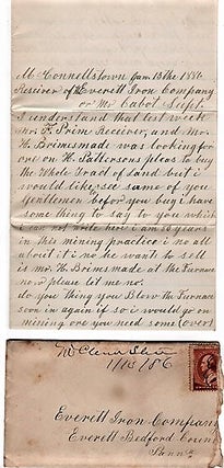 Item #041357 1886 HANDWRITTEN LETTER TO EVERETT IRON COMPANY, BEDFORD COUNTY, PA. DATELINED: ...
