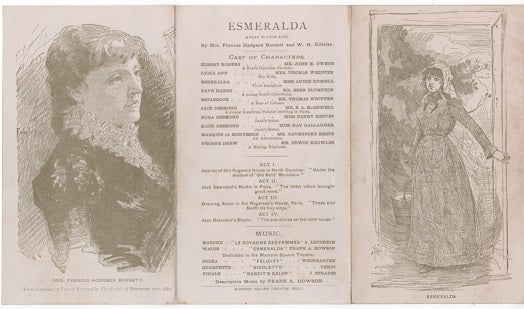 Item #041390 ILLUSTRATED PLAYBILL FOR "ESMERALDA," A PLAY IN FOUR ACTS, MADISON SQUARE THEATRE, WINTER SEASON, 1881-1882. Frances Hodgson Burnett, W H. Gillette.