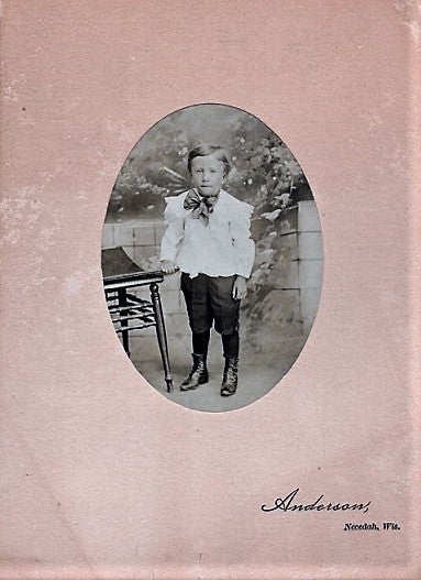Item #041399 SEPIATONE STUDIO PHOTOGRAPH OF A YOUNG BOY, TAKEN BY ANDERSON OF NECEDAH, WISCONSIN, CIRCA 1890s. Necedah Wisconsin.