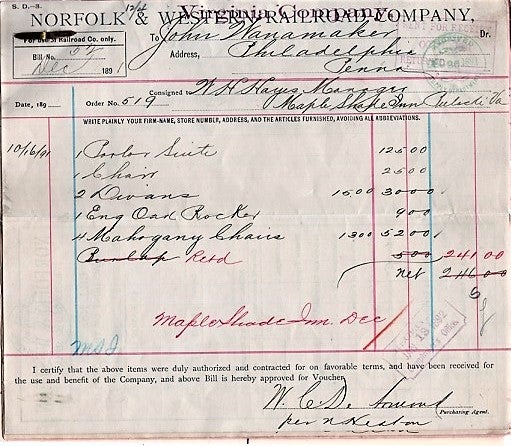 Item #041402 GROUP OF FIVE (5) BILLS OF LADING DATED DECEMBER, 1891, MADE OUT TO JOHN WANAMAKER OF PHILADELPHIA, COVERING HOUSEHOLD GOODS SHIPPED BY THE MAPLE SHADE INN OF PULASKI, VIRGINIA. Norfolk, Western Railroad Company.