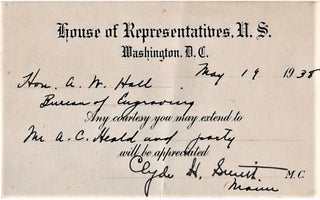 Item #041416 U.S. HOUSE OF REPRESENTATIVES PRINTED CARD, ACCOMPLISHED BY HAND, ASKING THAT THE...