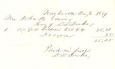 Item #BOOKS009767I 1859 HANDWRITTEN RECEIPT FOR $25.45, PAID BY JOHN H. EWING FOR "150 GAL CALDRON 630 @ 4", NASHVILLE, AUG. 8, 1859. D. D. Tennessee / Duke.