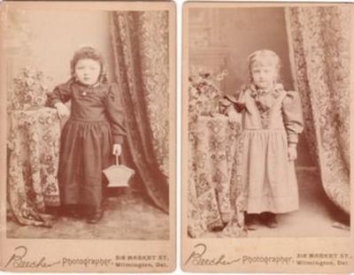 Item #BOOKS011586I TWO CABINET CARD PHOTOS OF LITTLE GIRLS IN TURN-OF-THE-CENTURY OUTFITS. A. P. Beecher, photographer.
