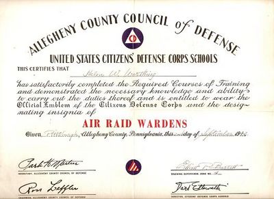 Item #BOOKS012111I ALLEGHENY COUNTY COUNCIL OF DEFENSE...HELEN W. WORTHING...IS ENTITLED TO WEAR THE OFFICIAL EMBLEM OF...AIR RAID WARDENS. Citizens' Defense Corps.