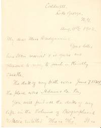 Item #BOOKS013405I HANDWRITTEN LETTER (ALS) DATED AT CALDWELL, LAKE GEORGE, N.Y., AUG. 11th, 1902, to MISS BRIDGMAN. William M. Paxton, 1824-? American cleric.