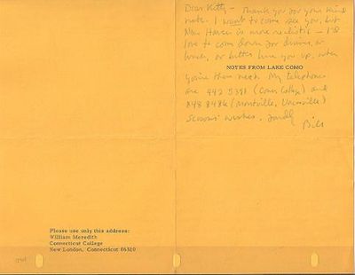 Item #BOOKS013407I 1969 HANDWRITTEN NOTE (ANS) BY THE AMERICAN POET, ON HIS PRINTED SEASONAL GREETING, "NOTES FROM LAKE COMO." William Meredith.