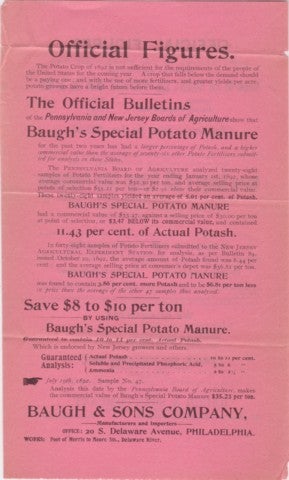Item #BOOKS015923I OFFICIAL FIGURES: The Potato Crop of 1892 is not sufficient for the people of the United States...; Baugh's Special Potato Manure. Baugh and Sons.