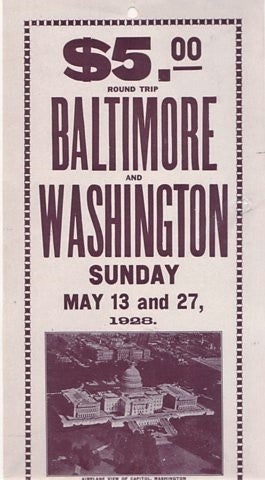 Item #BOOKS017472I $5.00 ROUND TRIP, BALTIMORE AND WASHINGTON, SUNDAY, MAY 13 AND 27, 1928. Maryland, DC / Baltimore, Ohio Railroad.